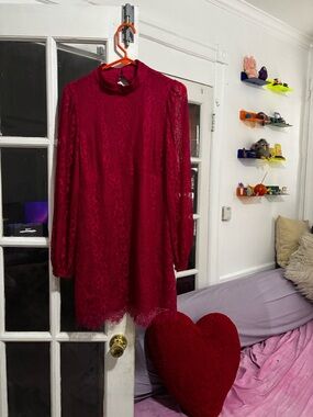 Anthropologie Red Lace Long-Sleeve Mini Dress